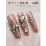 Nude Long Tapered Press‑On Nails, Luxury Rhinestone Pearl Cross Reusable Fake Nails